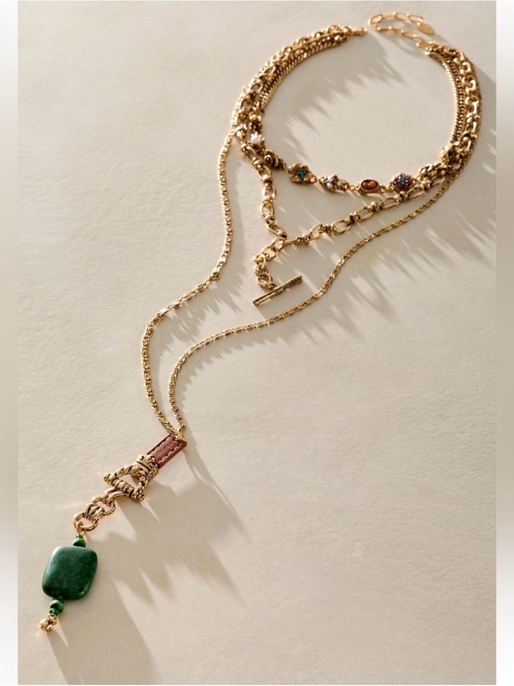 Free People Winslet Layered Gold Chain Necklace Green Stone Pendant NWT